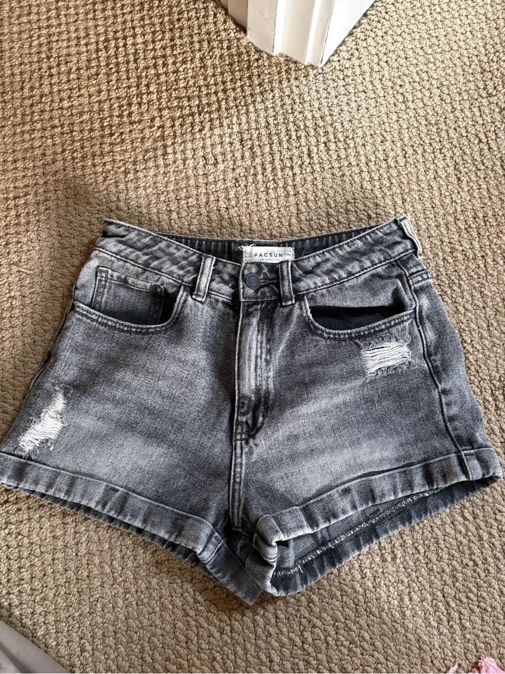 PacSun Grey Washed High-Rise Distressed Denim Shorts